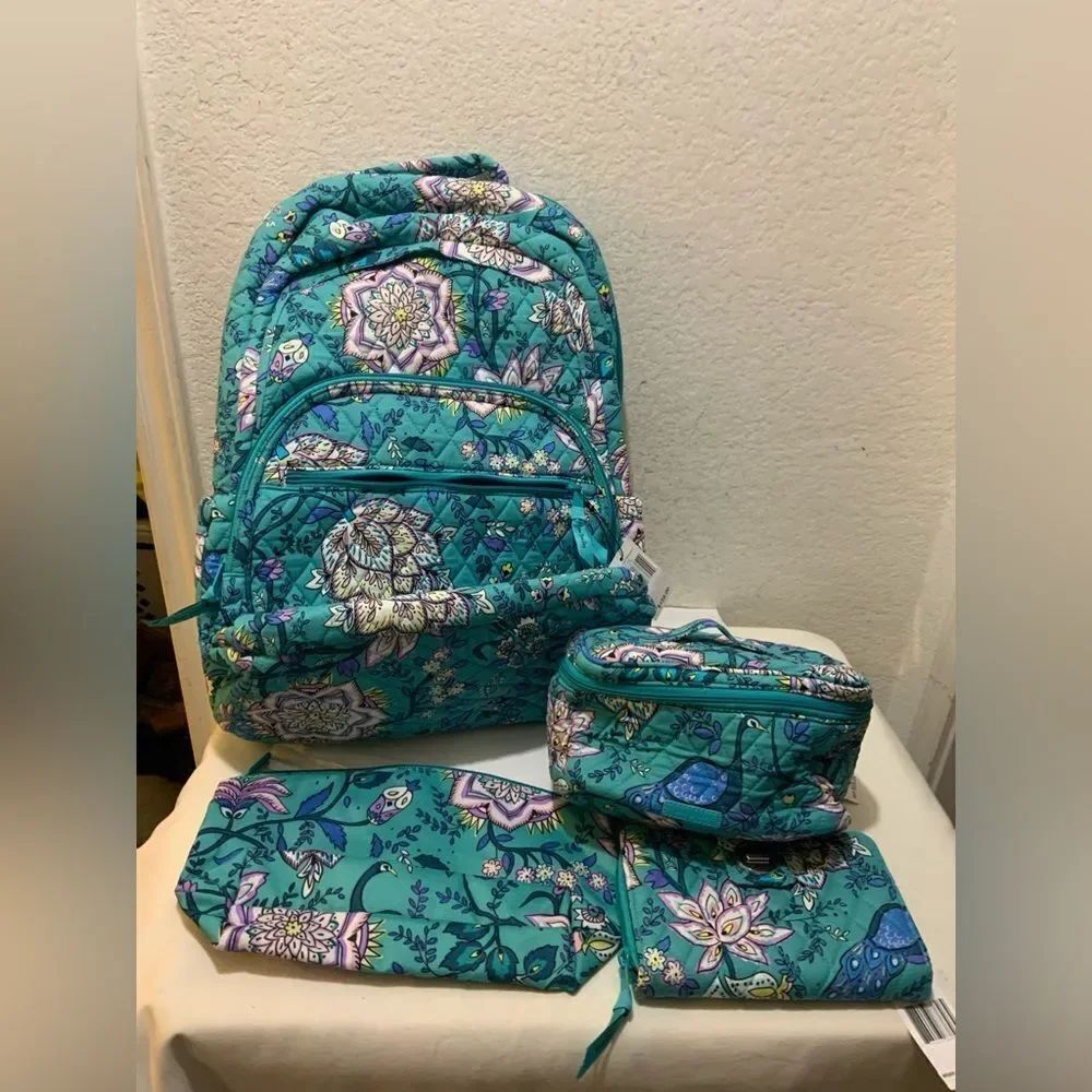 4 Vera Bradley Essential Backpack ,RFID Slim Wristlet train case Peacock Garden